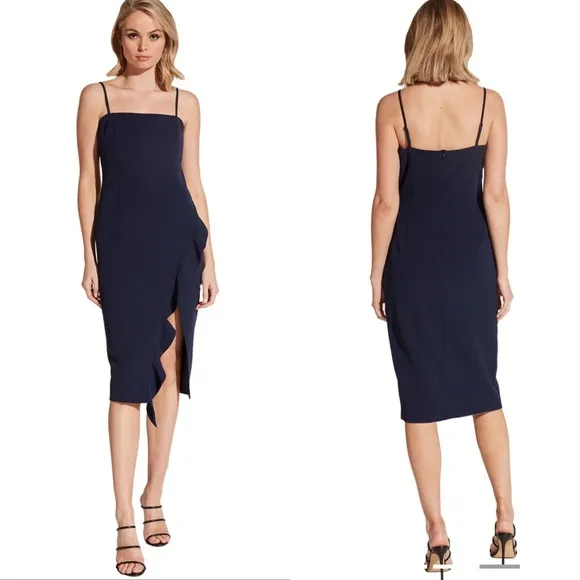 Bardot‎ Carmelle Navy Blue Ruffled Leg Slit Square Neck Cocktail Midi Dress NEW