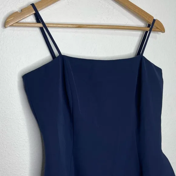 Bardot‎ Carmelle Navy Blue Ruffled Leg Slit Square Neck Cocktail Midi Dress NEW