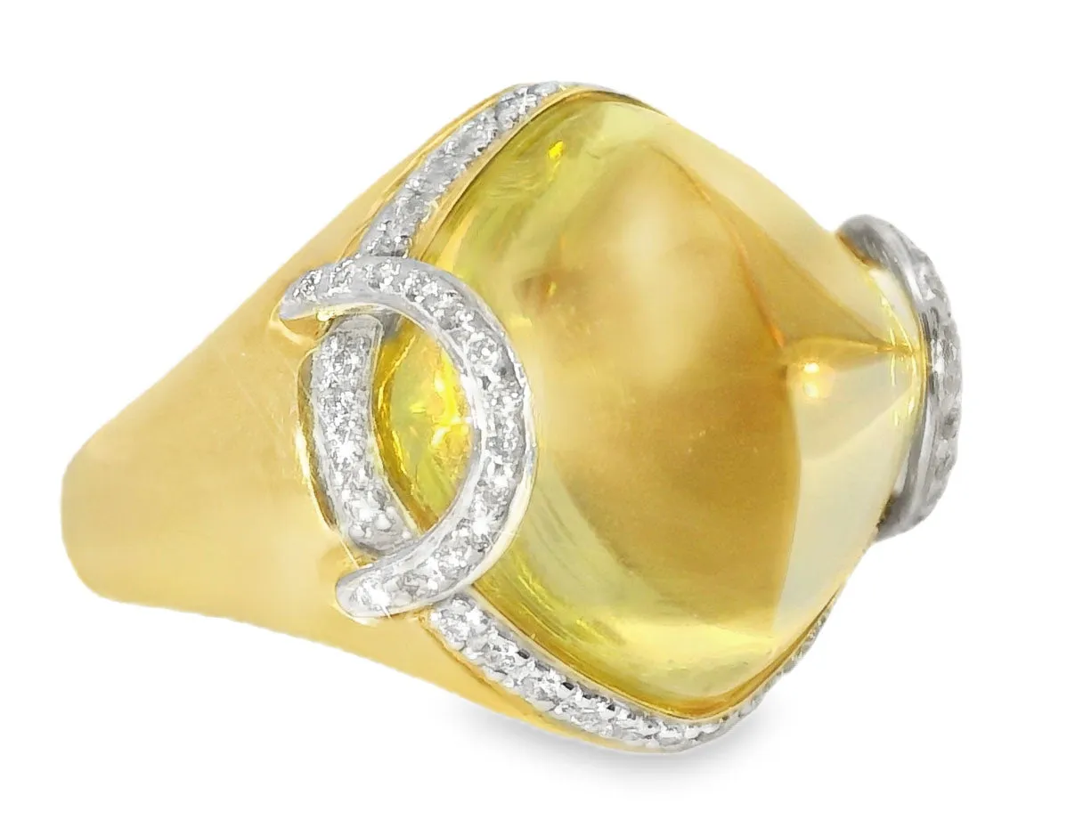 Beautiful 14K Yellow Gold Diamond Cabochon Lemon Quartz Ring