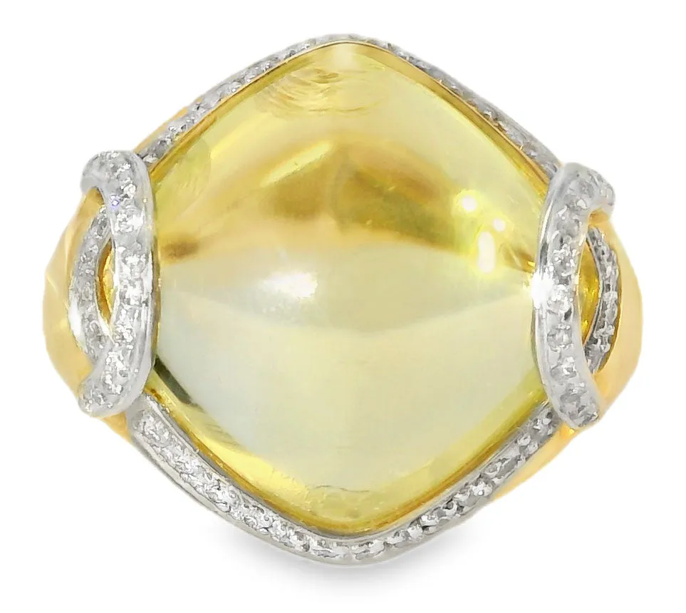Beautiful 14K Yellow Gold Diamond Cabochon Lemon Quartz Ring