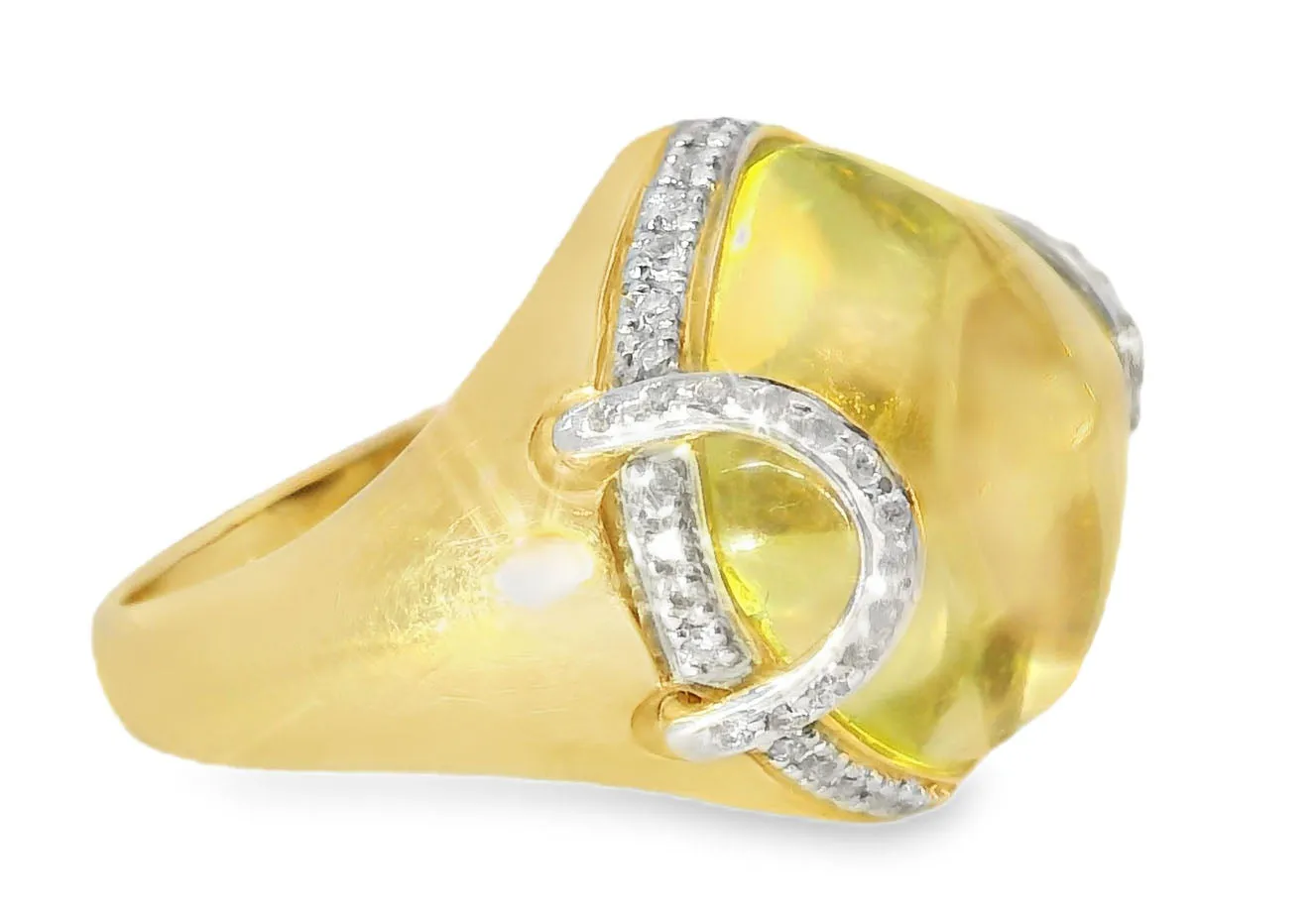 Beautiful 14K Yellow Gold Diamond Cabochon Lemon Quartz Ring