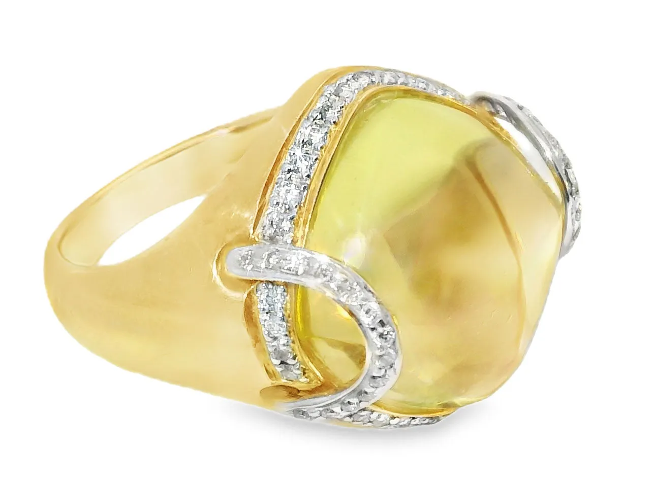 Beautiful 14K Yellow Gold Diamond Cabochon Lemon Quartz Ring