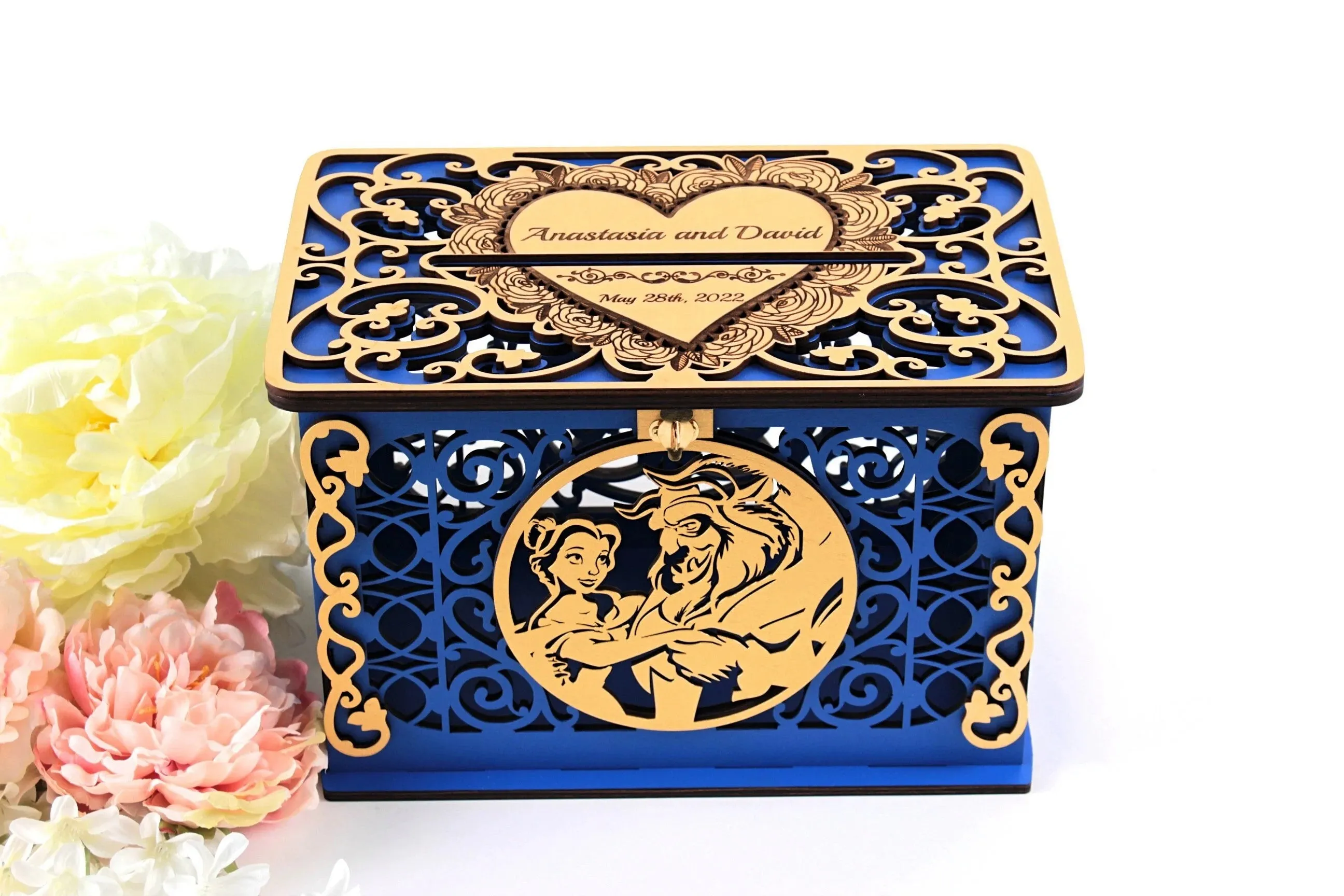 Beauty Beast Wedding Cards and Gift Box with Lock Family Bank, Card Box, Wishes Well, Wedding Post, Quinceanera Bridal Shower, Wedding Gift