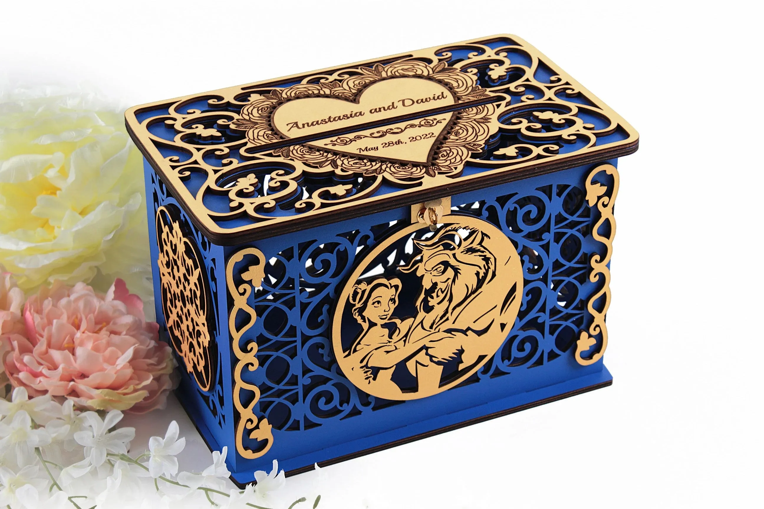 Beauty Beast Wedding Cards and Gift Box with Lock Family Bank, Card Box, Wishes Well, Wedding Post, Quinceanera Bridal Shower, Wedding Gift