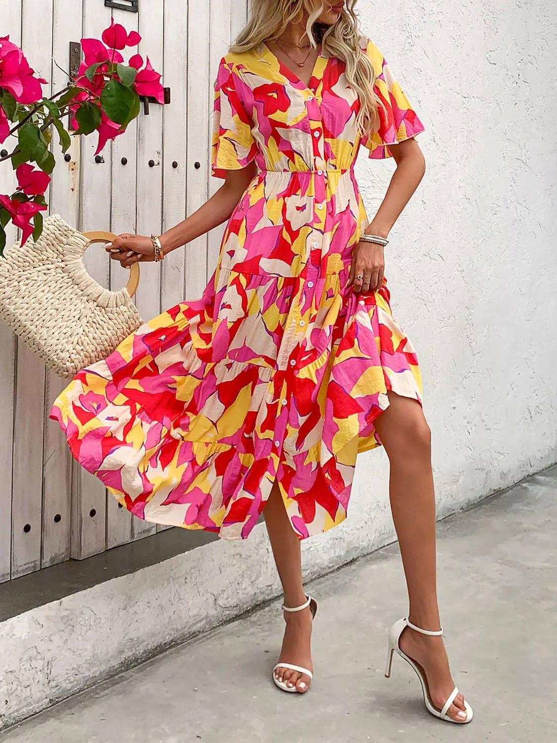 Beckam Printed V-Neck Flutter Sleeve Midi Dress