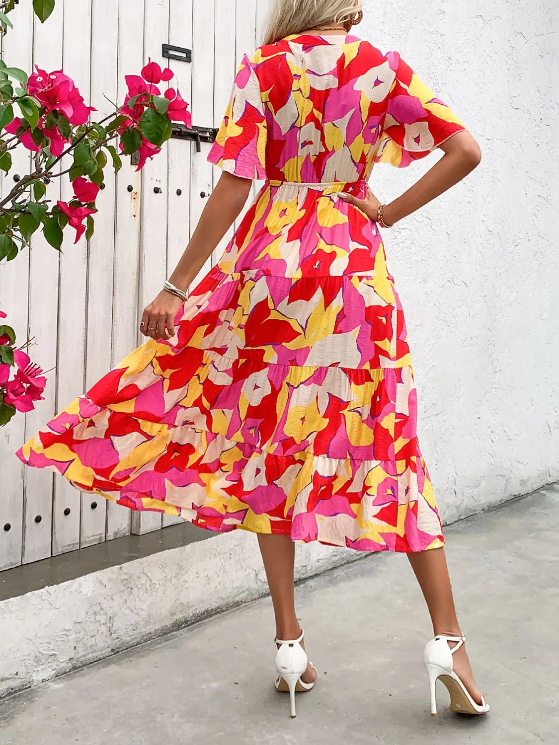 Beckam Printed V-Neck Flutter Sleeve Midi Dress