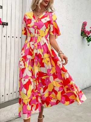 Beckam Printed V-Neck Flutter Sleeve Midi Dress