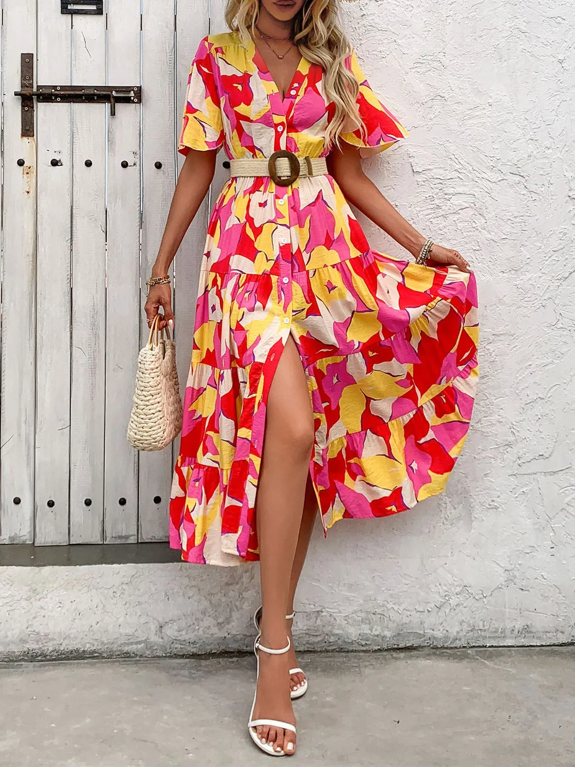 Beckam Printed V-Neck Flutter Sleeve Midi Dress