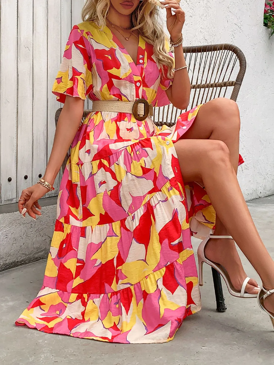 Beckam Printed V-Neck Flutter Sleeve Midi Dress