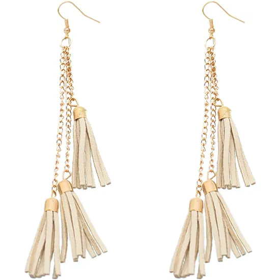 Beige Tassel Drop Chain Dangle Earrings