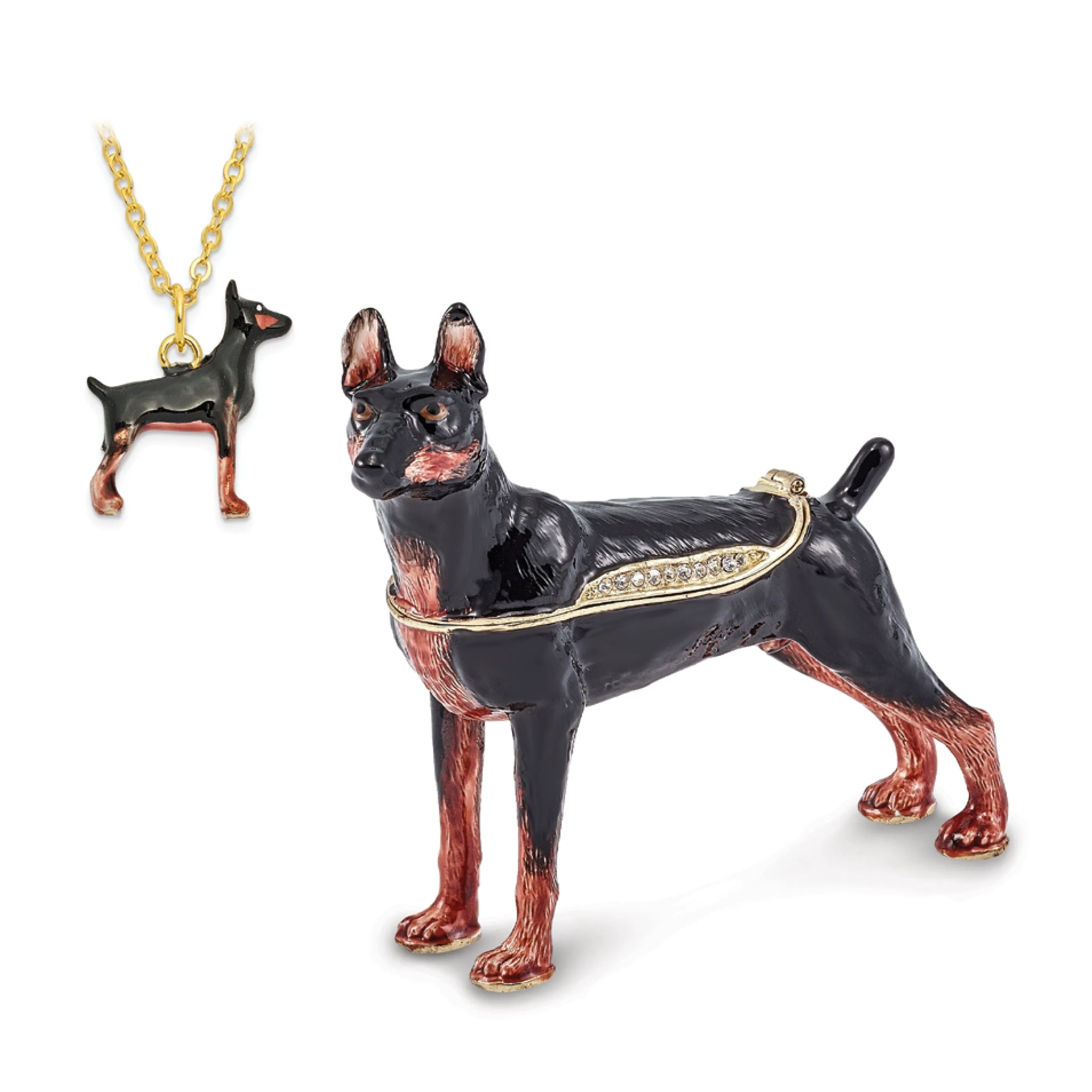Bejewel Black Brown Color Finish RALEIGH Doberman Pinscher Trinket Box