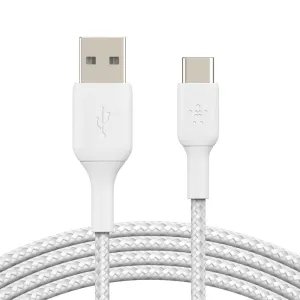 Belkin BoostCharge Braided USB-C to USB-A Cable (2M) - White (CAB002BT2MWH), 15W, 480Mbps, 30K  bend, Samsung Galaxy, iPad, MacBook, 2 Years Warranty