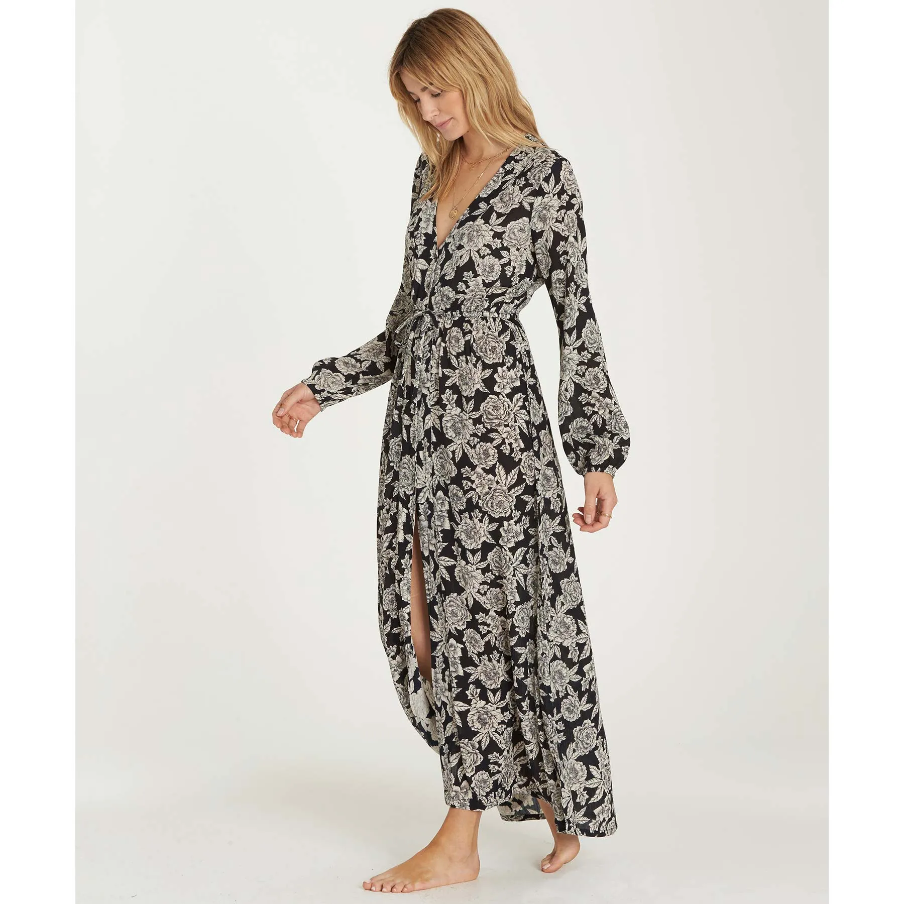 Billabong Women's Allegra Bohemian Kimono Wrap/Maxi Dress | Black/White Floral Print