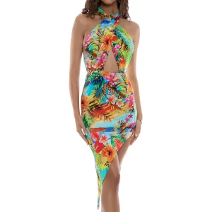 BIRDS OF PARADISE - Halter Neck Cut Out Asymmetric Midi Dress