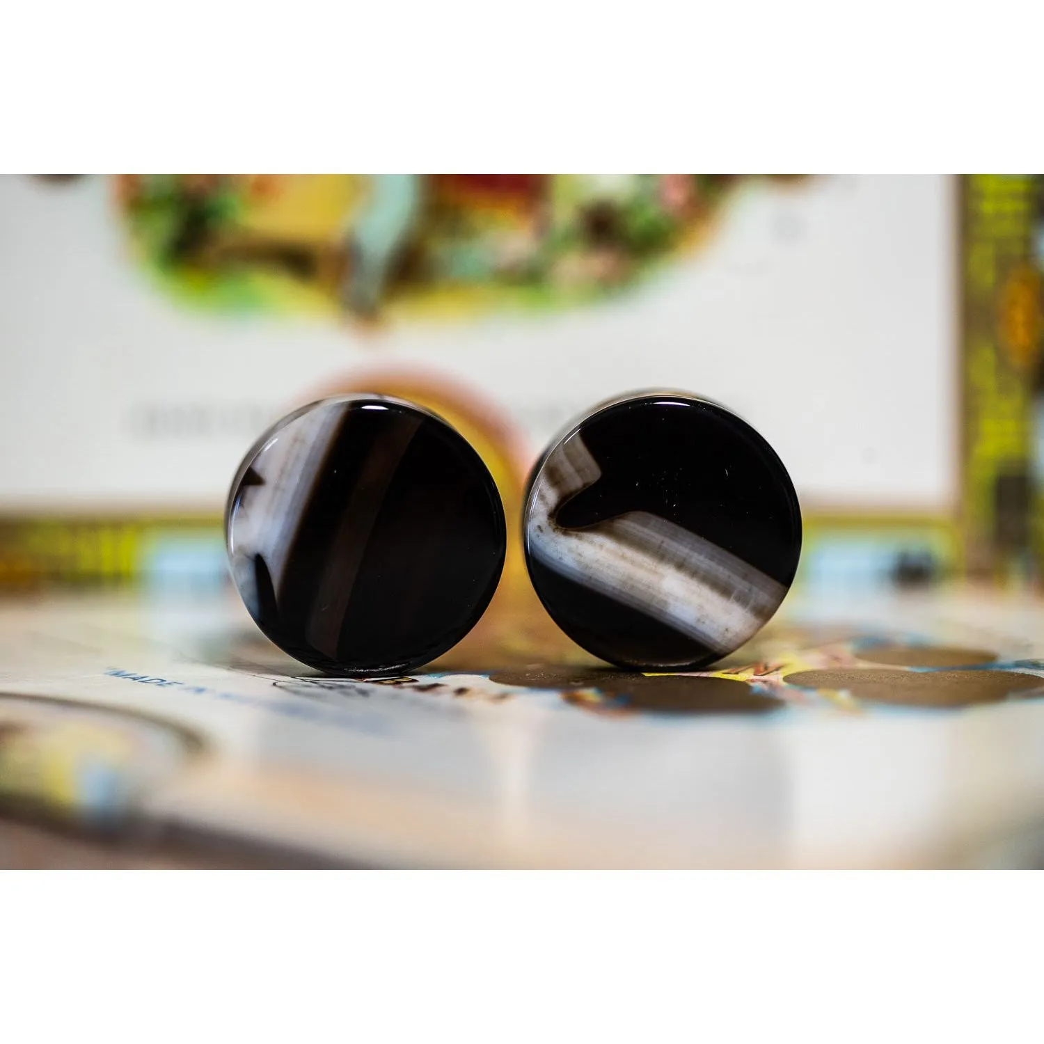Black Agate Plugs, Double Flared Pair, Organic Plugs