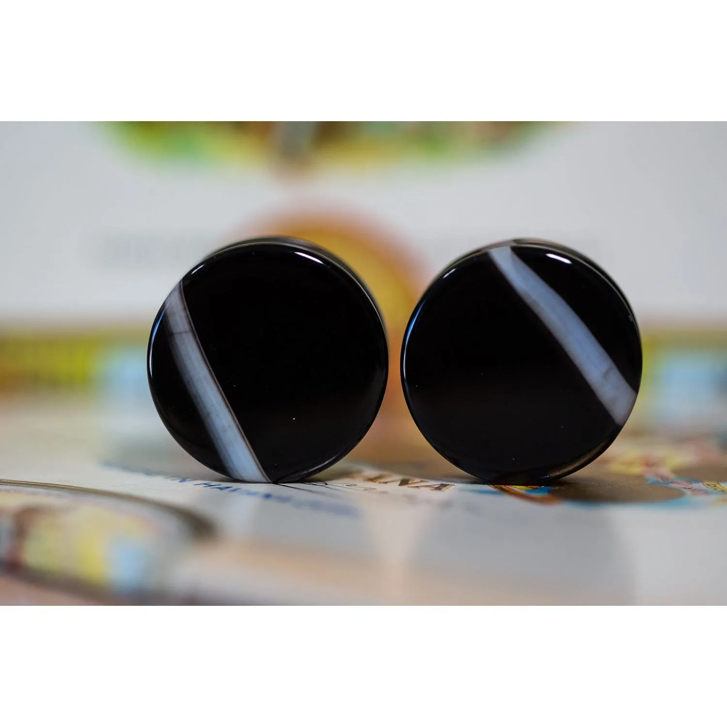 Black Agate Plugs, Double Flared Pair, Organic Plugs