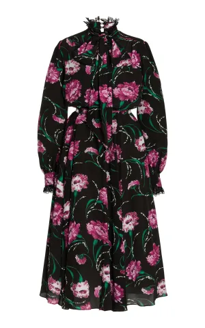 Black And Fuchsia Floral Silk Dress With Sash Tie Neck And Lace Details