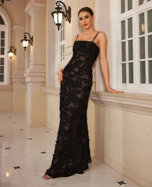 Black Appliques See-Through V-Neck Long Elegant Formal Dress