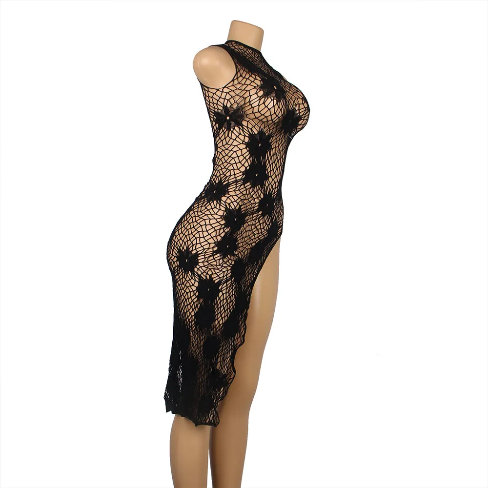 Black Floral Split Dress Design Fishnet Bodystocking Egypt
