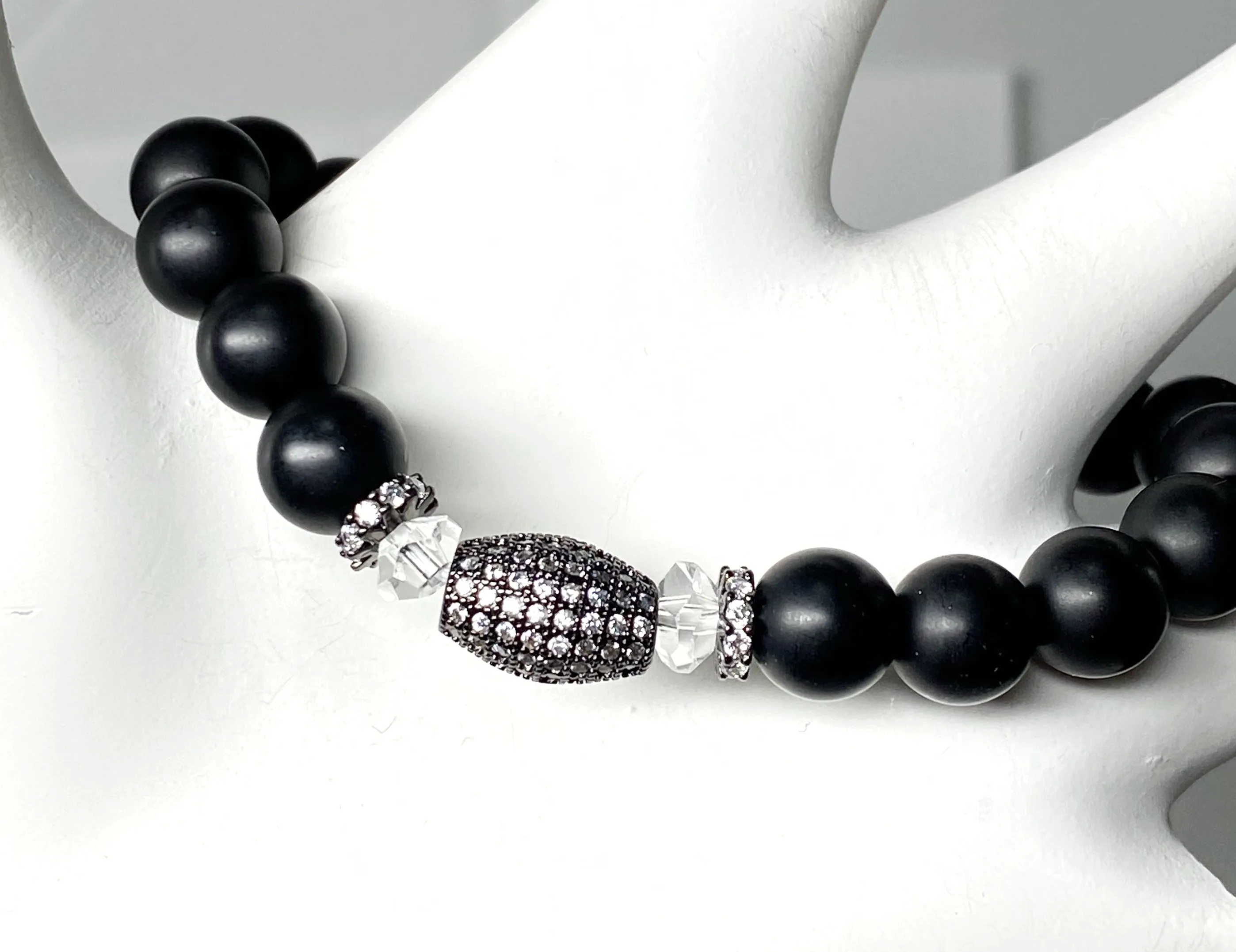 Black Onyx Stretch Bracelet with Black Pave CZ and Crystal Quartz