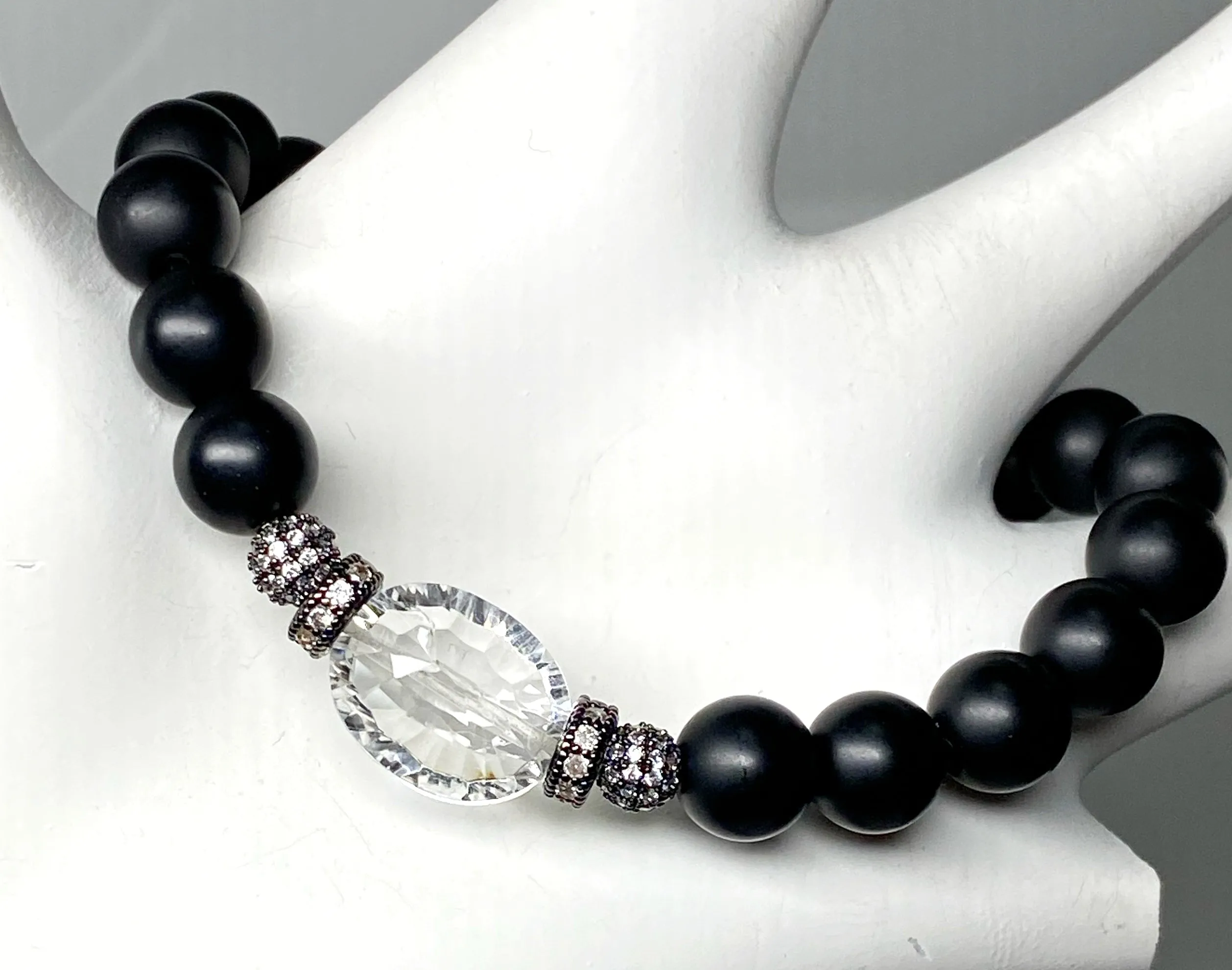 Black Onyx Stretch Bracelet with Crystal Quartz and Black Pave CZ
