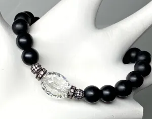 Black Onyx Stretch Bracelet with Crystal Quartz and Black Pave CZ