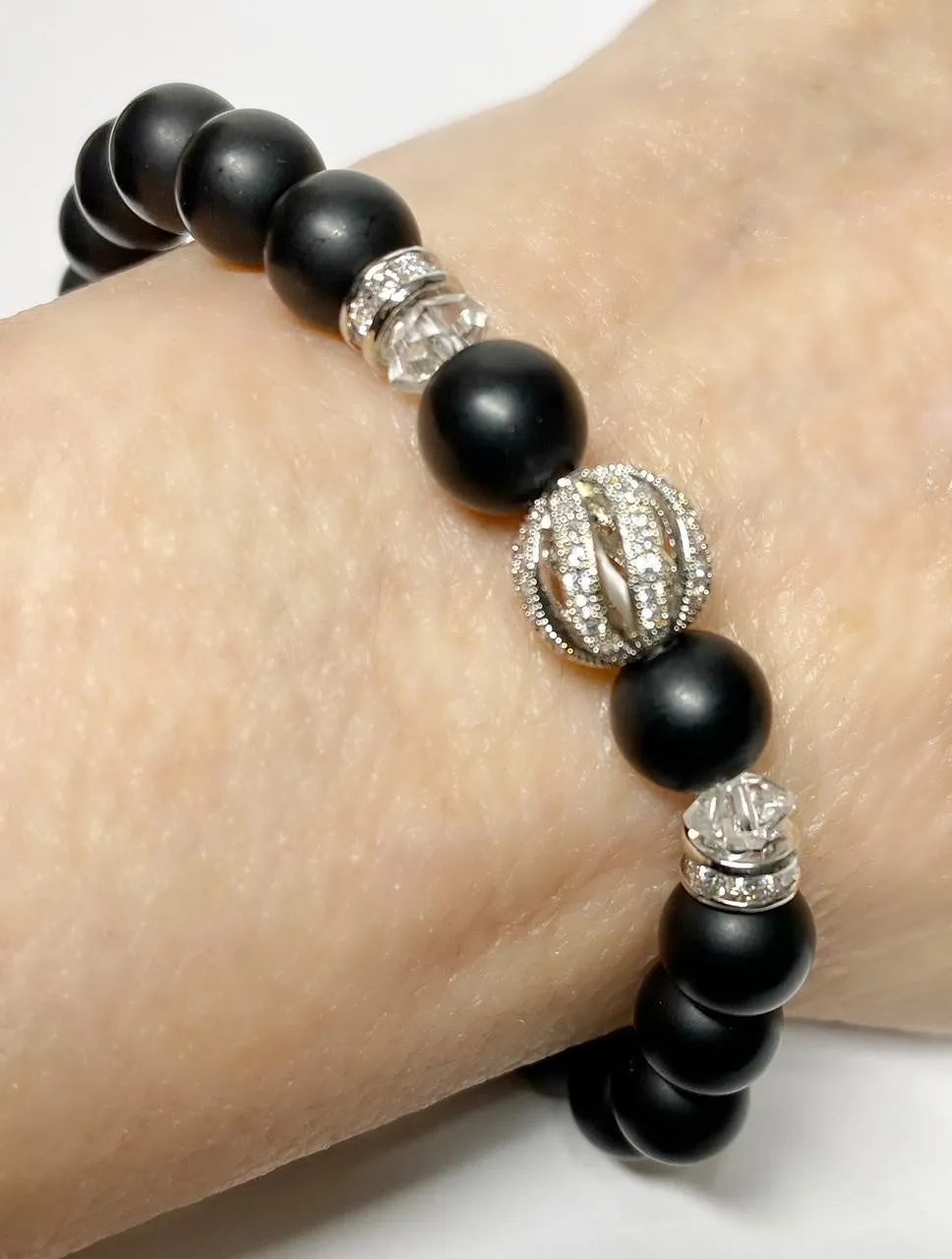 Black Onyx Stretch Bracelet with Crystal Quartz and Silver Pave CZ