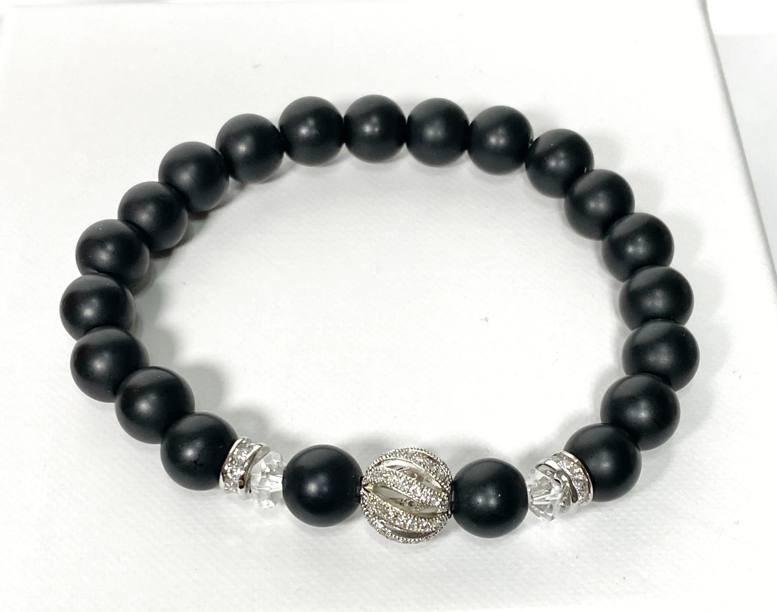 Black Onyx Stretch Bracelet with Crystal Quartz and Silver Pave CZ