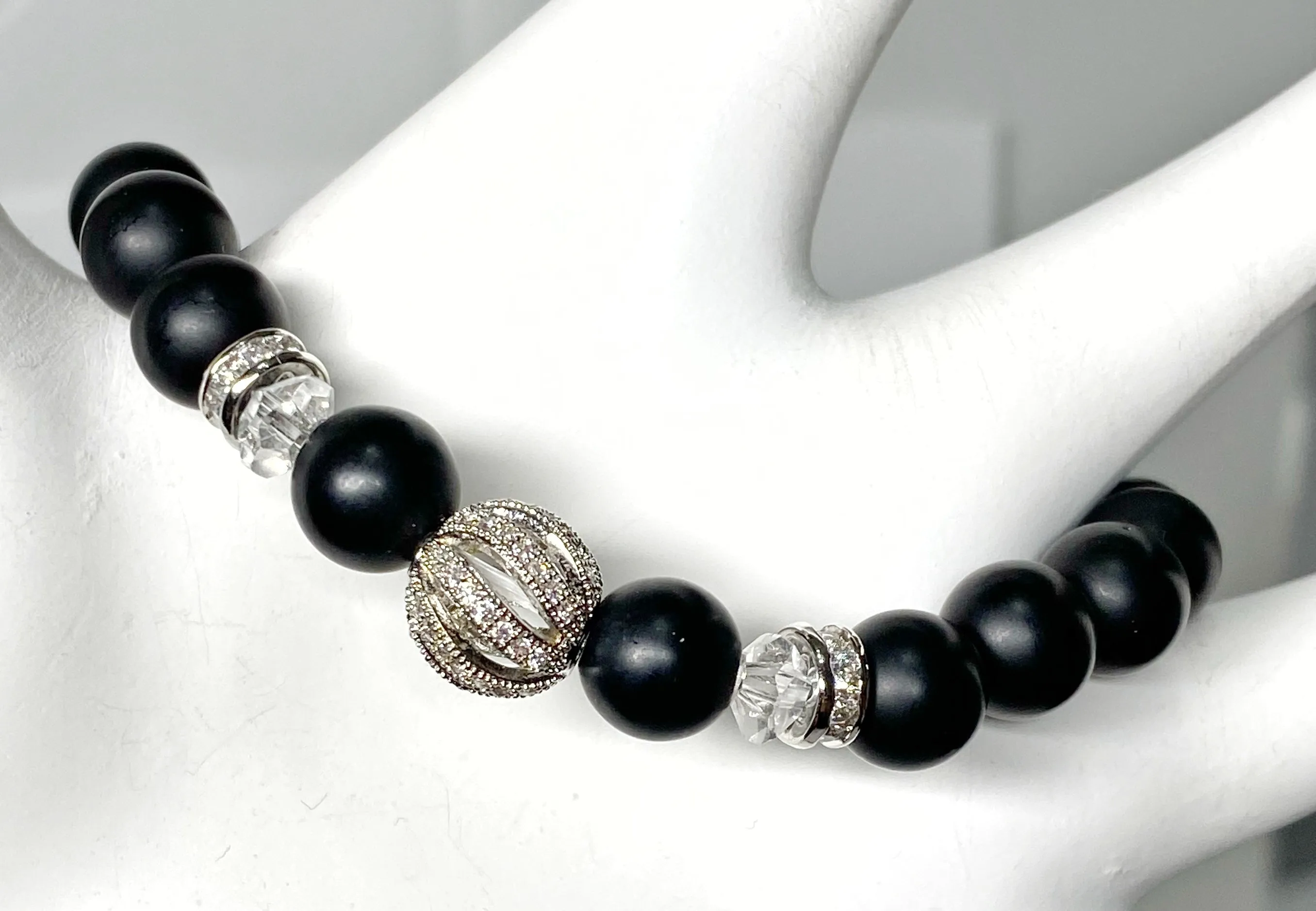 Black Onyx Stretch Bracelet with Crystal Quartz and Silver Pave CZ
