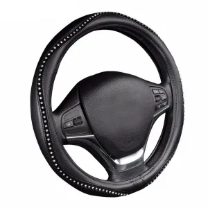 Black Pu Leather Lychee Pattern with Luxury Crystal Rhinestone Steering Wheel Cover