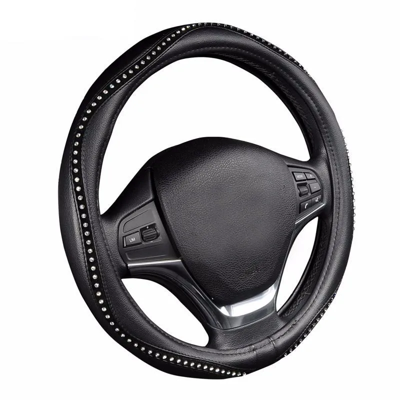 Black Pu Leather Lychee Pattern with Luxury Crystal Rhinestone Steering Wheel Cover
