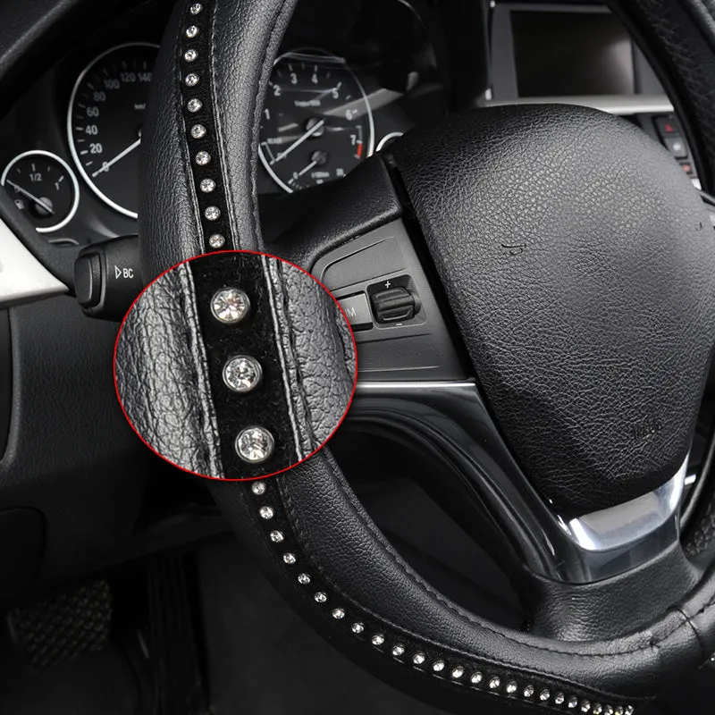 Black Pu Leather Lychee Pattern with Luxury Crystal Rhinestone Steering Wheel Cover
