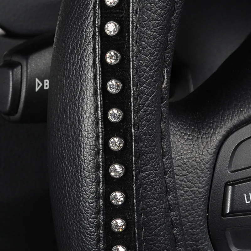 Black Pu Leather Lychee Pattern with Luxury Crystal Rhinestone Steering Wheel Cover