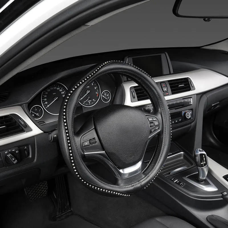 Black Pu Leather Lychee Pattern with Luxury Crystal Rhinestone Steering Wheel Cover