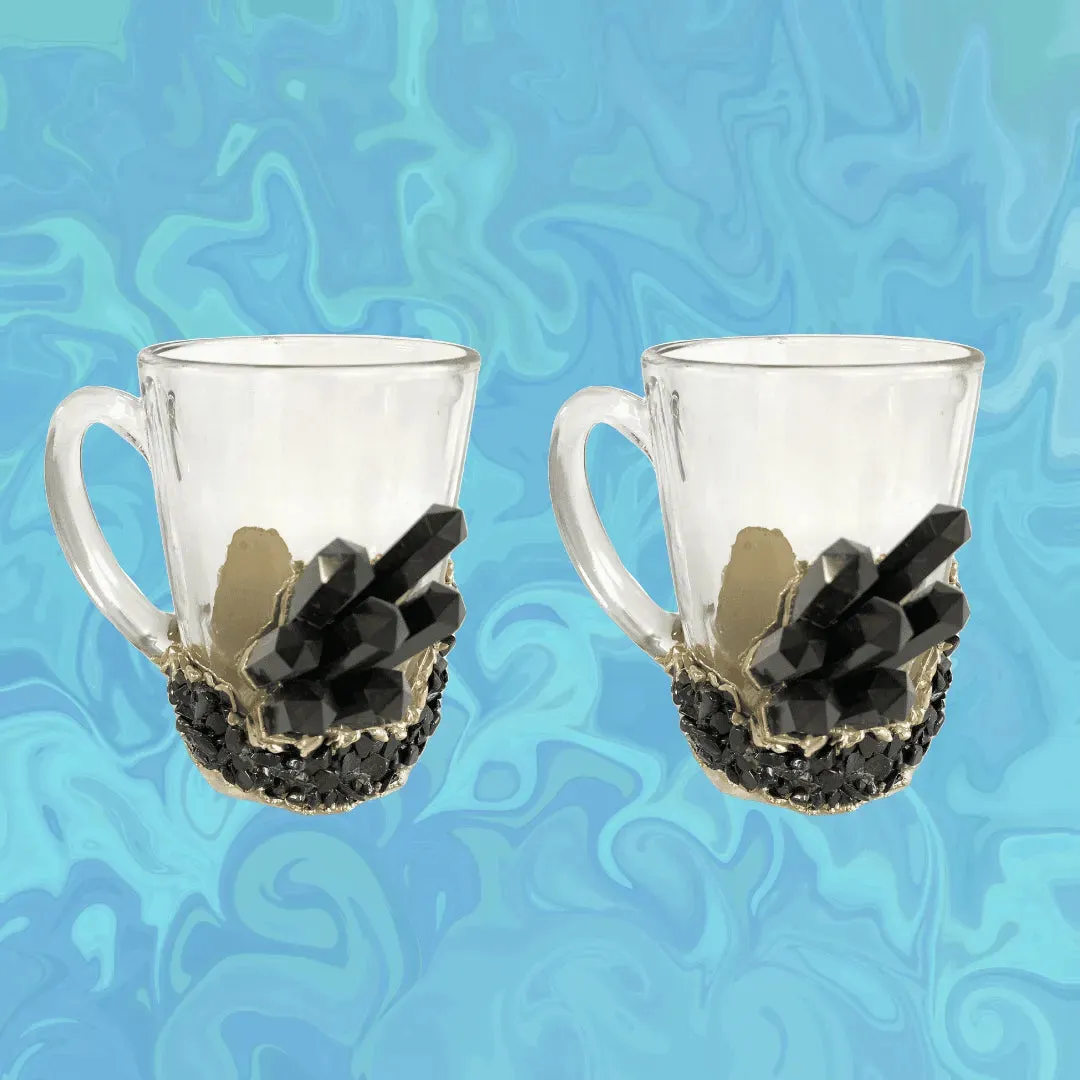 Black Quartz Glass Coffee Mug with Handle - Set of 2
