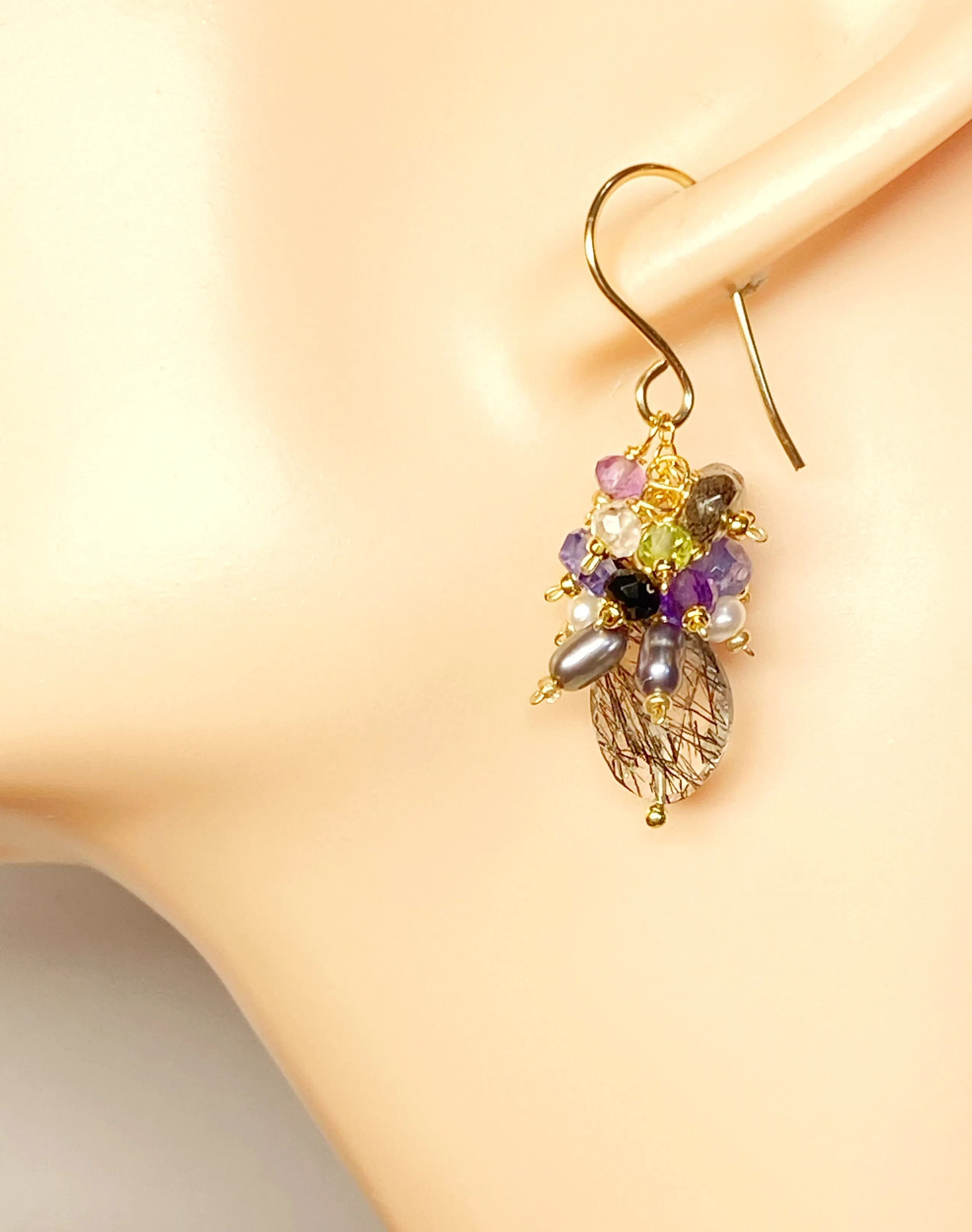 Black Rutilated Quartz Tanzanite Peridot Amethyst Cluster Earrings 2
