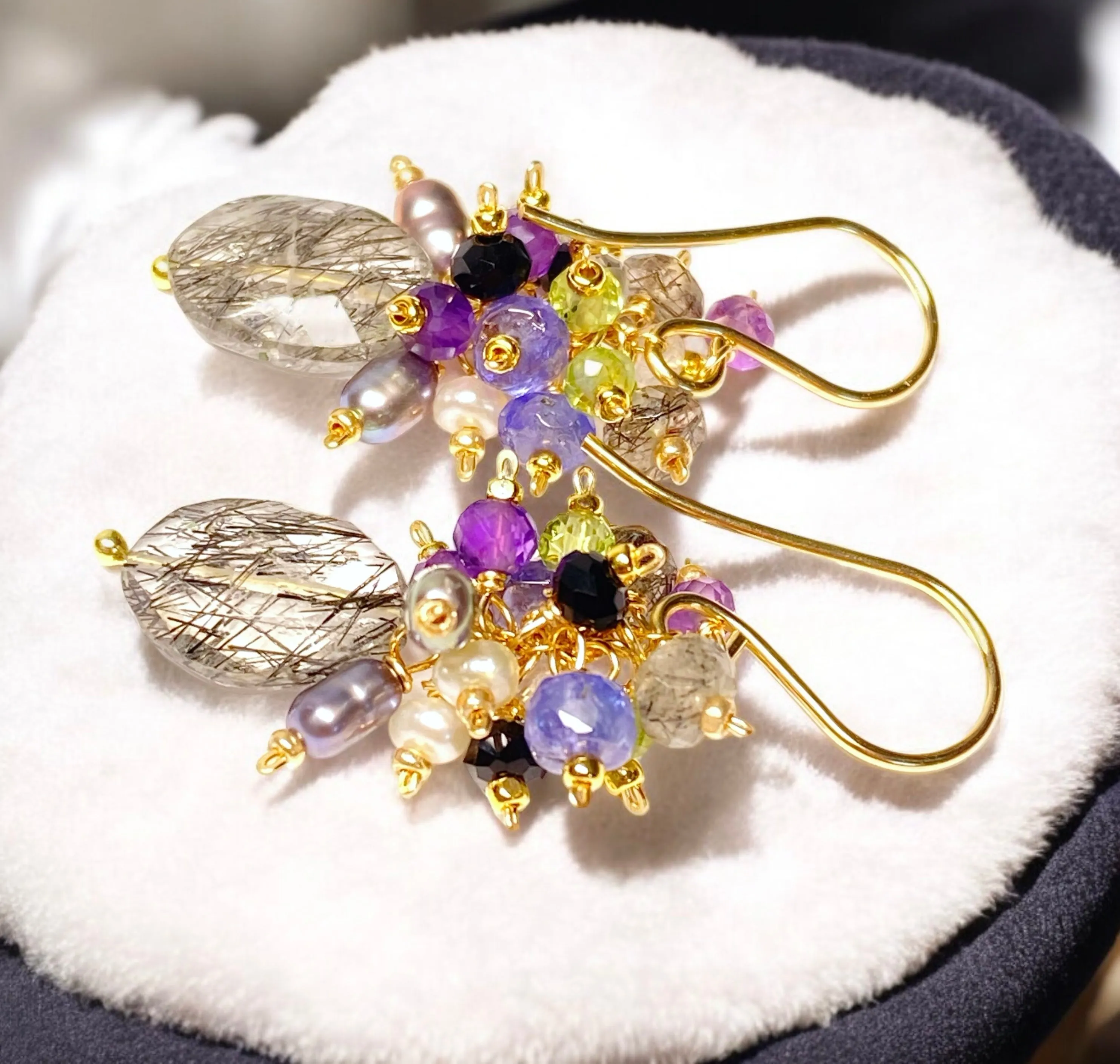 Black Rutilated Quartz Tanzanite Peridot Amethyst Cluster Earrings 2