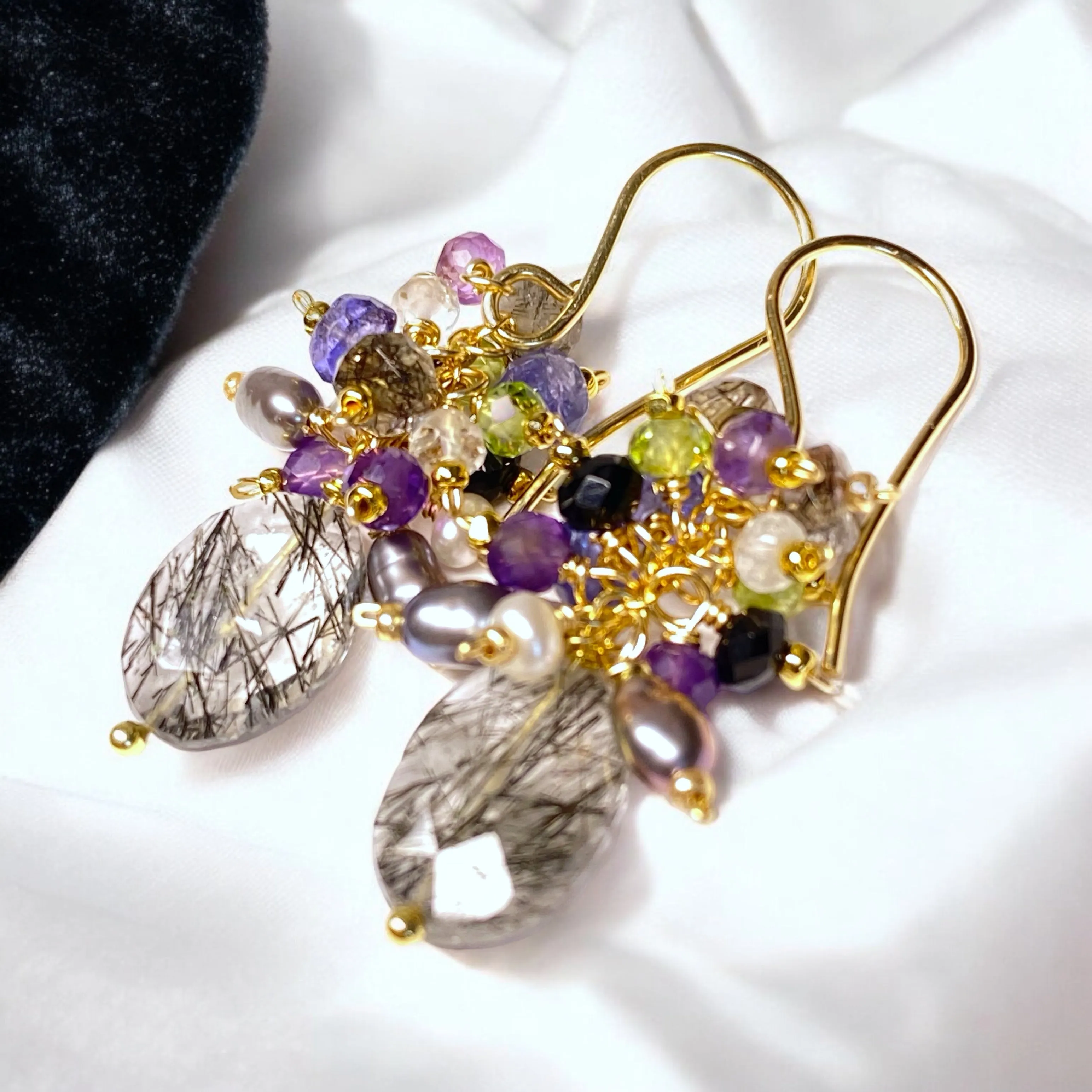 Black Rutilated Quartz Tanzanite Peridot Amethyst Cluster Earrings 2