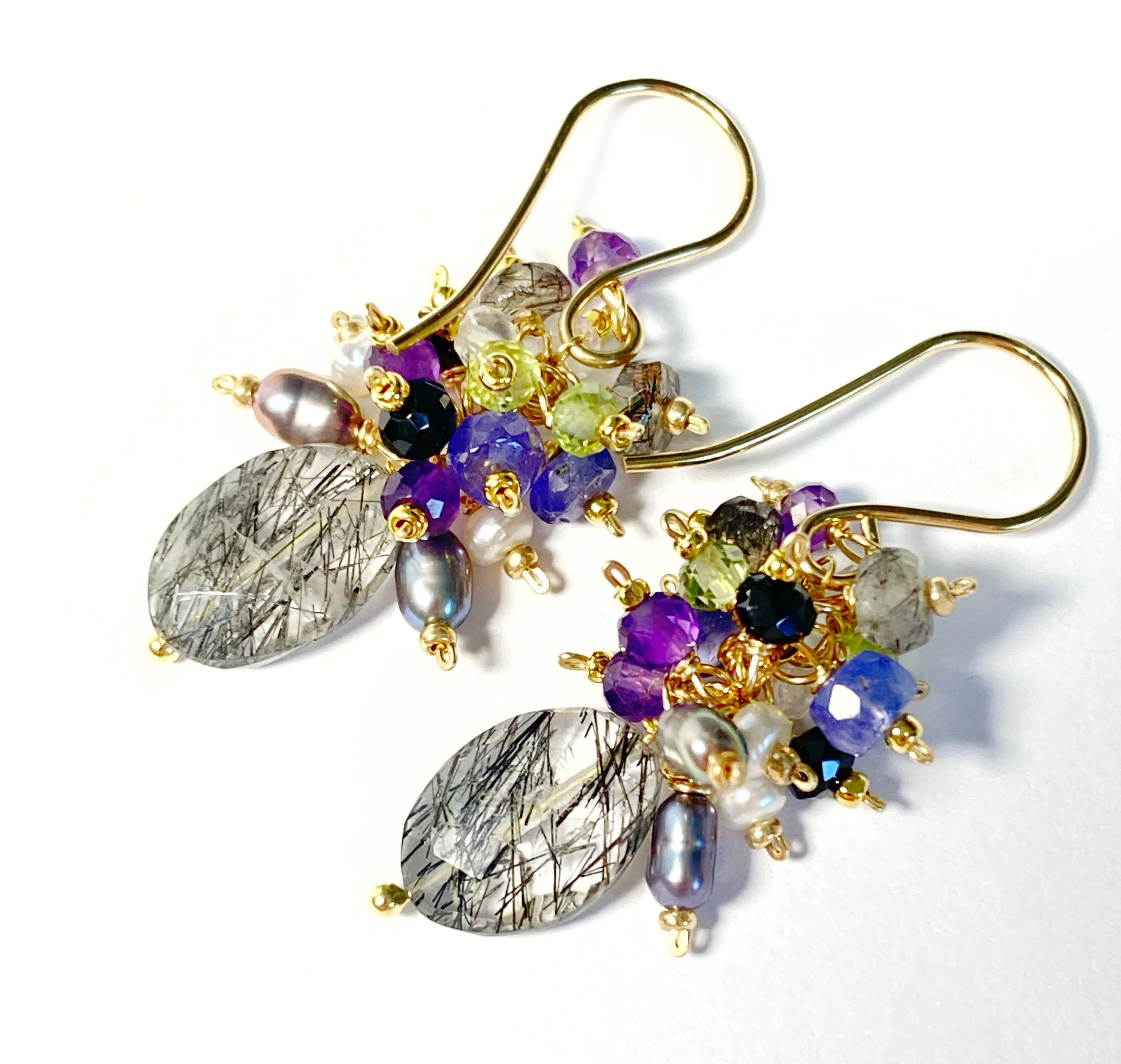 Black Rutilated Quartz Tanzanite Peridot Amethyst Cluster Earrings 2