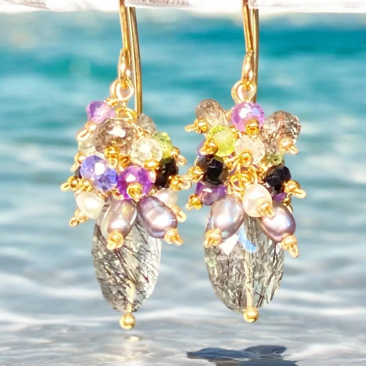 Black Rutilated Quartz Tanzanite Peridot Amethyst Cluster Earrings 2