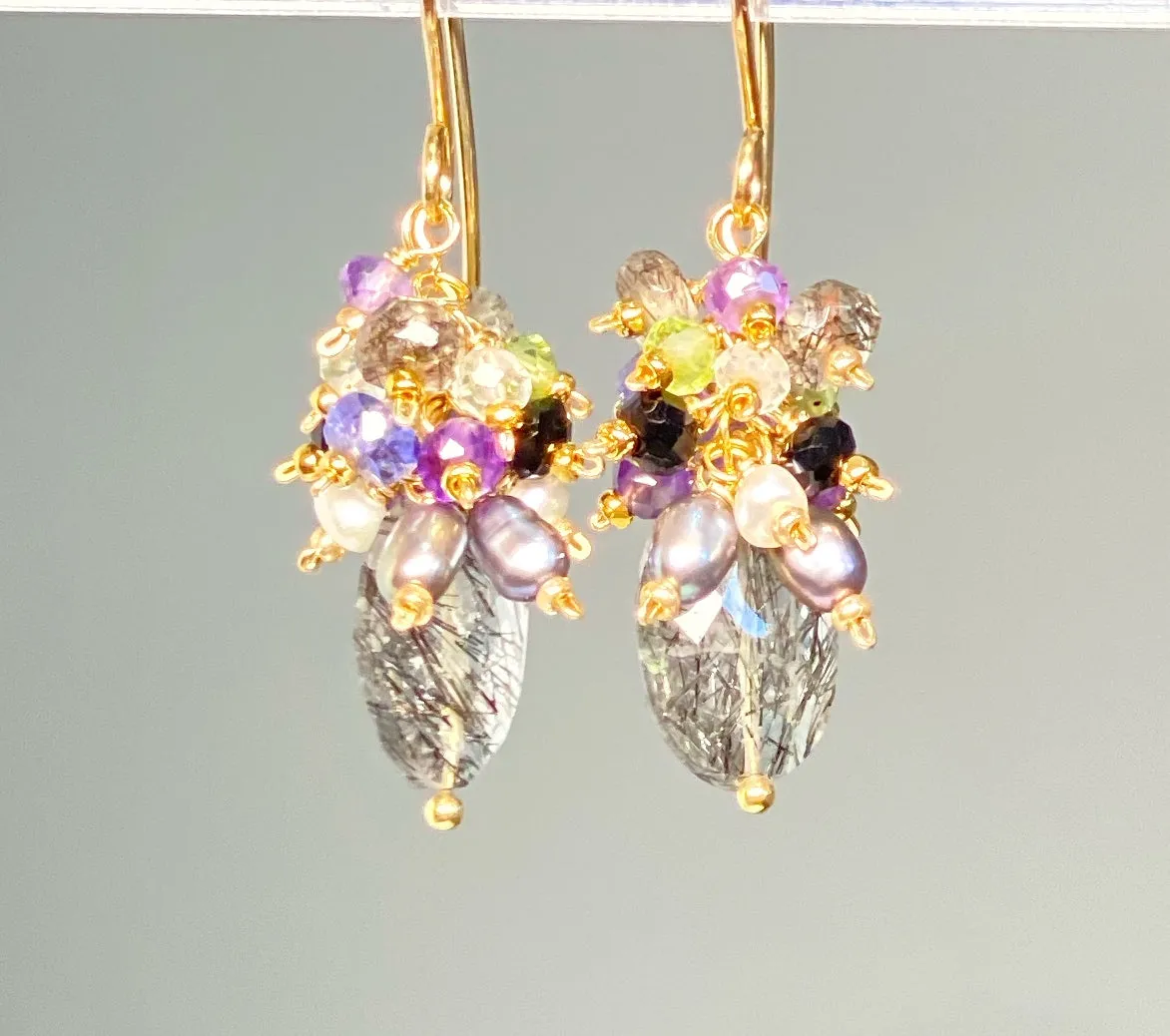 Black Rutilated Quartz Tanzanite Peridot Amethyst Cluster Earrings 2