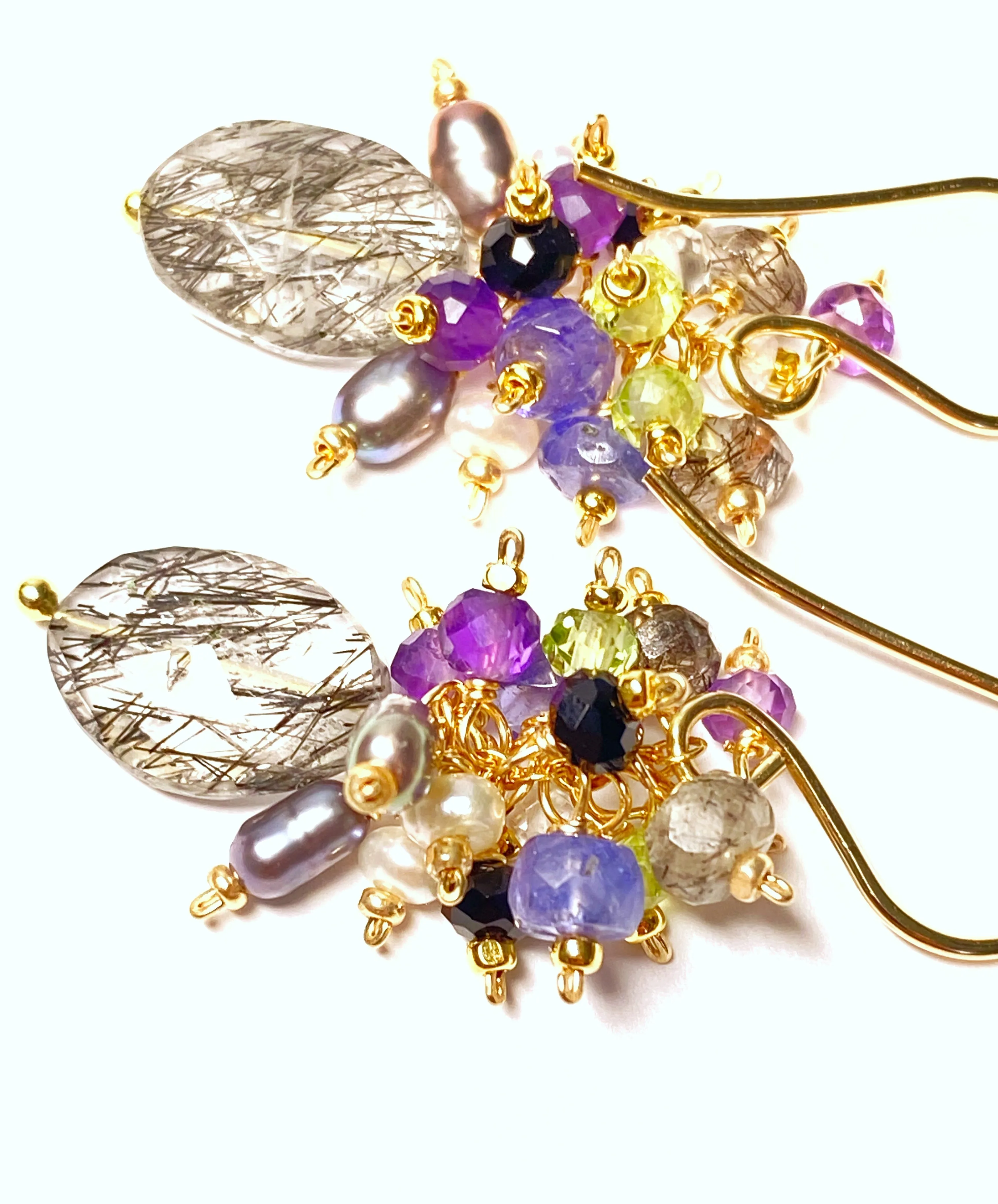Black Rutilated Quartz Tanzanite Peridot Amethyst Cluster Earrings 2