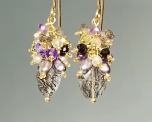 Black Rutilated Quartz Tanzanite Peridot Amethyst Cluster Earrings 2