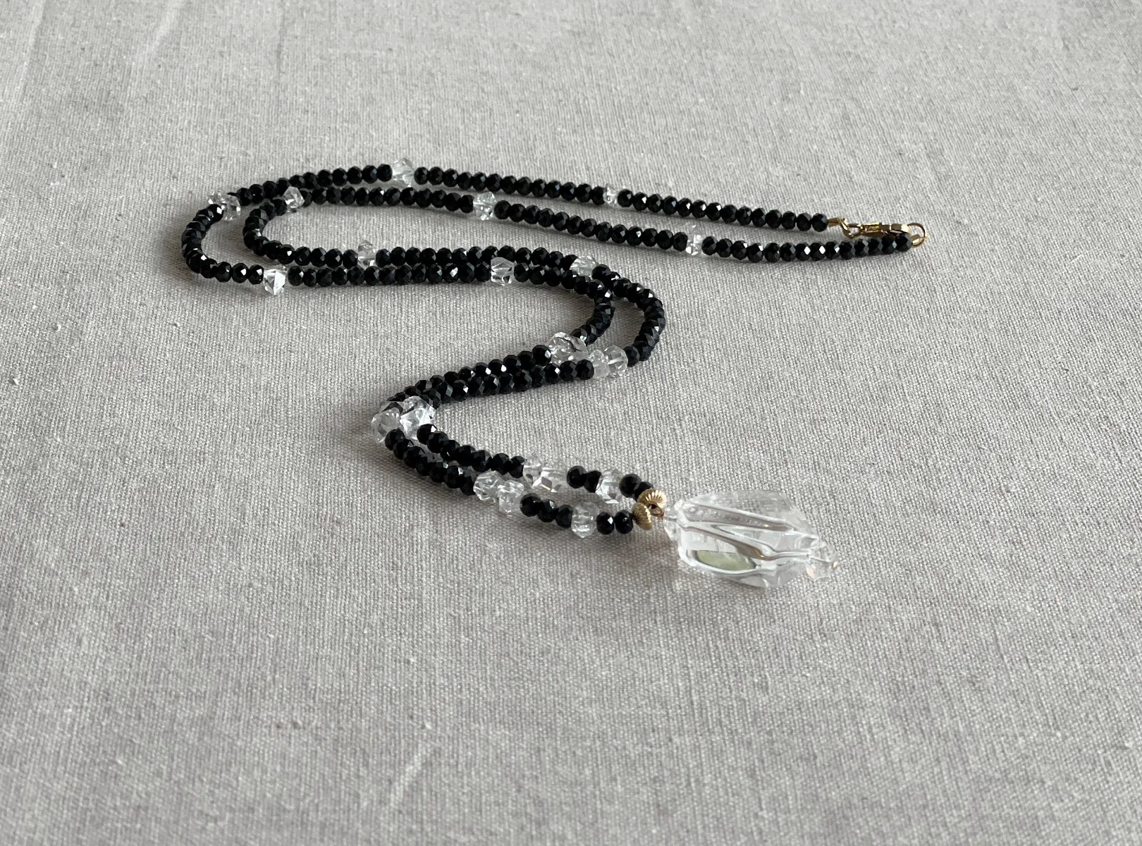 Black Spinel and Herkimer Diamond Necklace with Clear Quartz Pendant