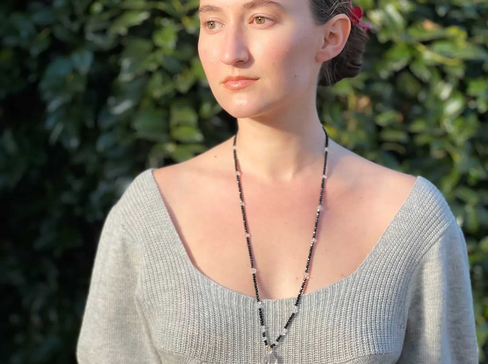 Black Spinel and Herkimer Diamond Necklace with Clear Quartz Pendant