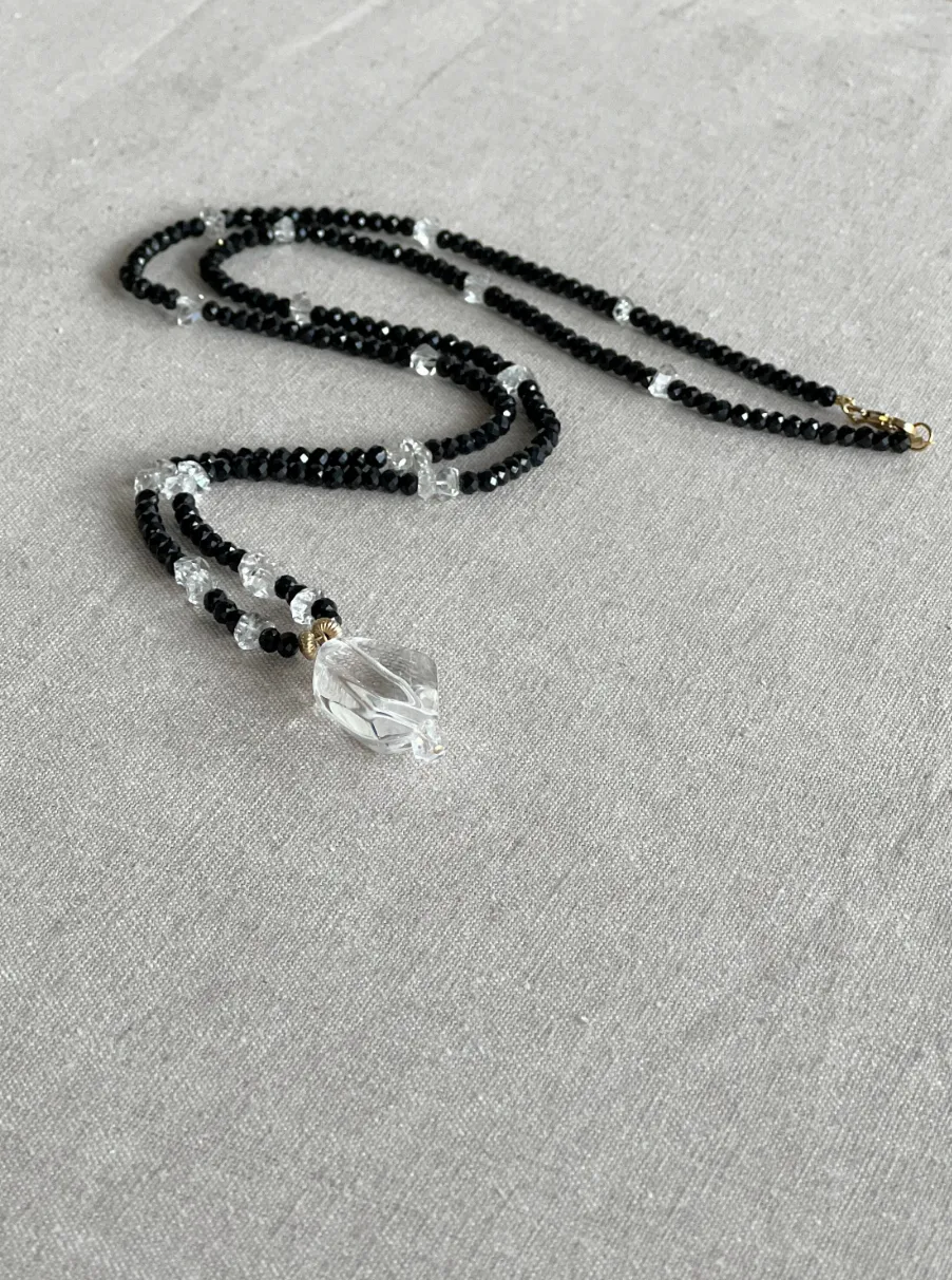 Black Spinel and Herkimer Diamond Necklace with Clear Quartz Pendant