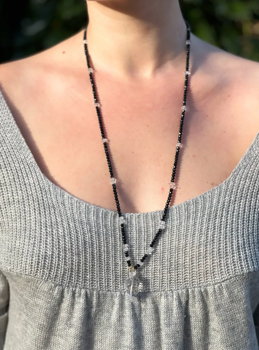 Black Spinel and Herkimer Diamond Necklace with Clear Quartz Pendant