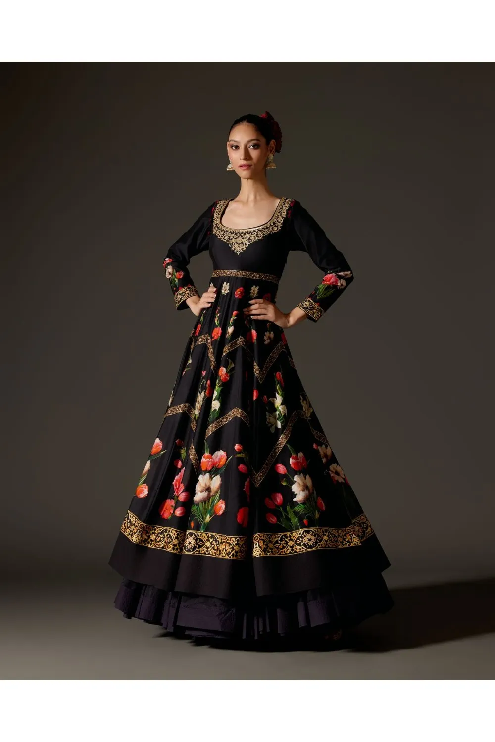 Black with Digital Print and Ari Embroidery Anarkali Set