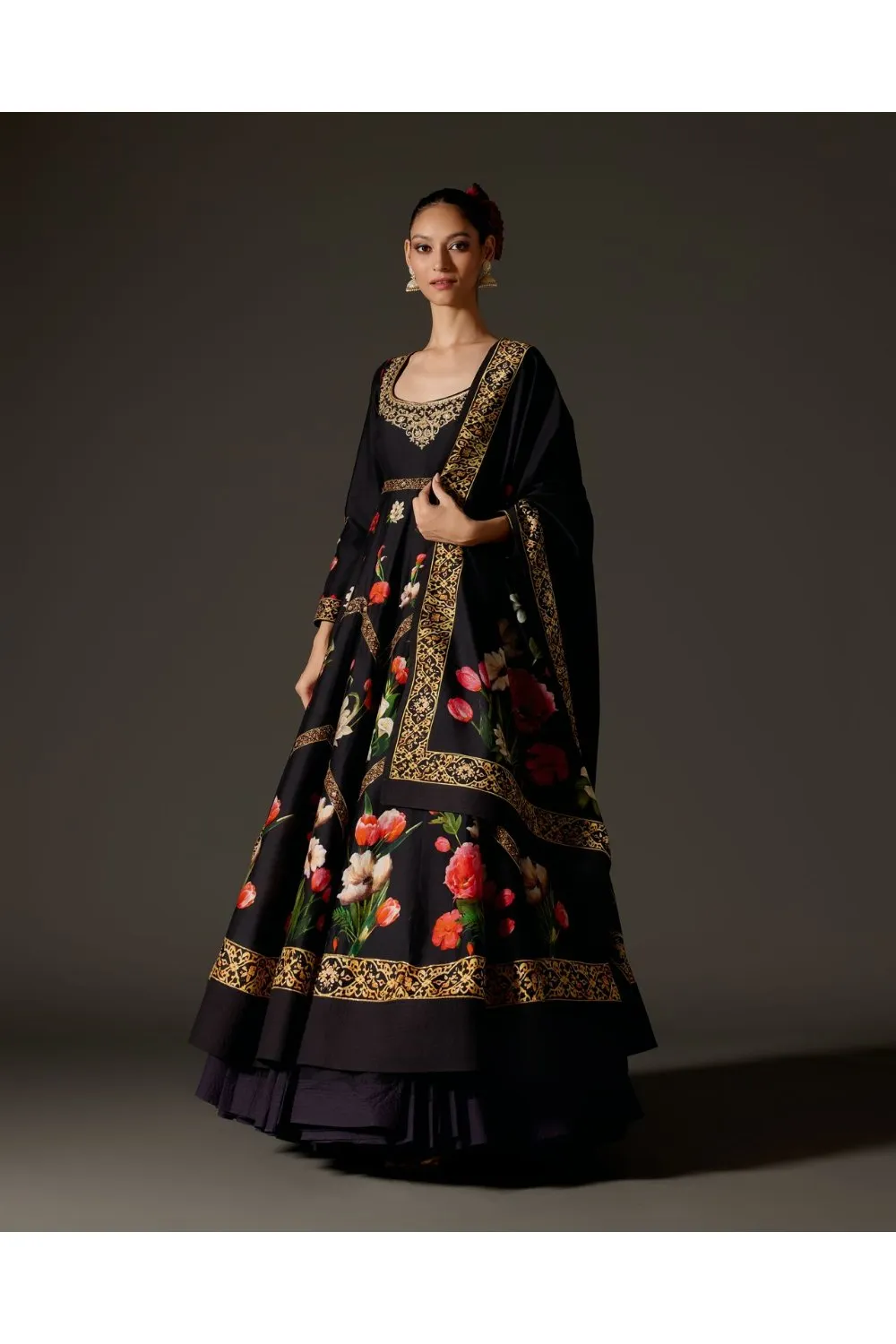 Black with Digital Print and Ari Embroidery Anarkali Set