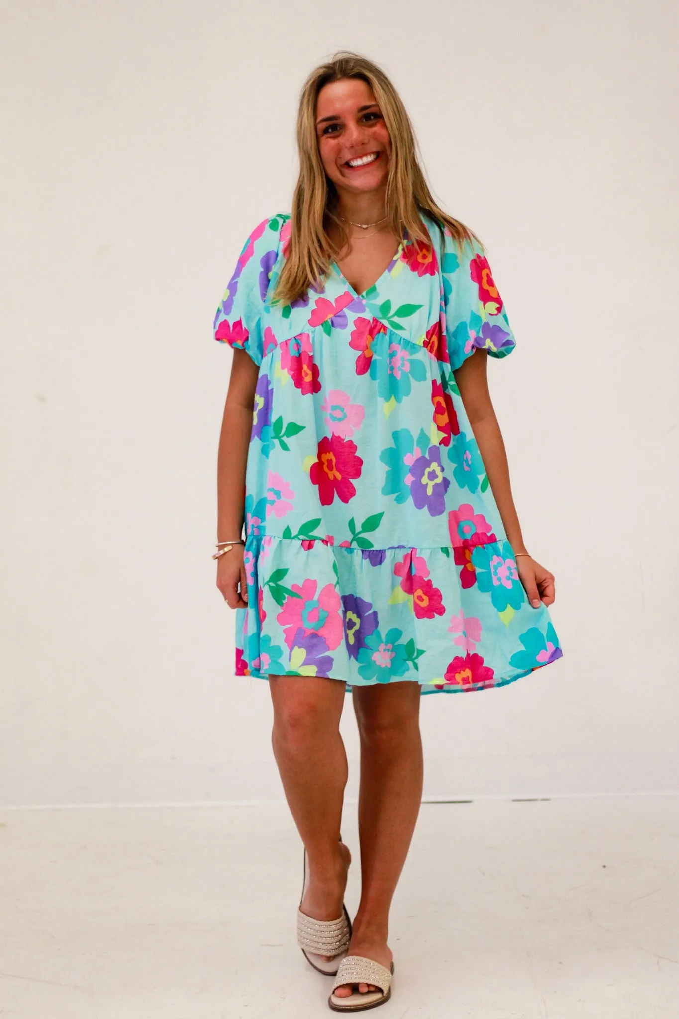Blossom Breeze V-Neck Floral Dress in Blue Multi